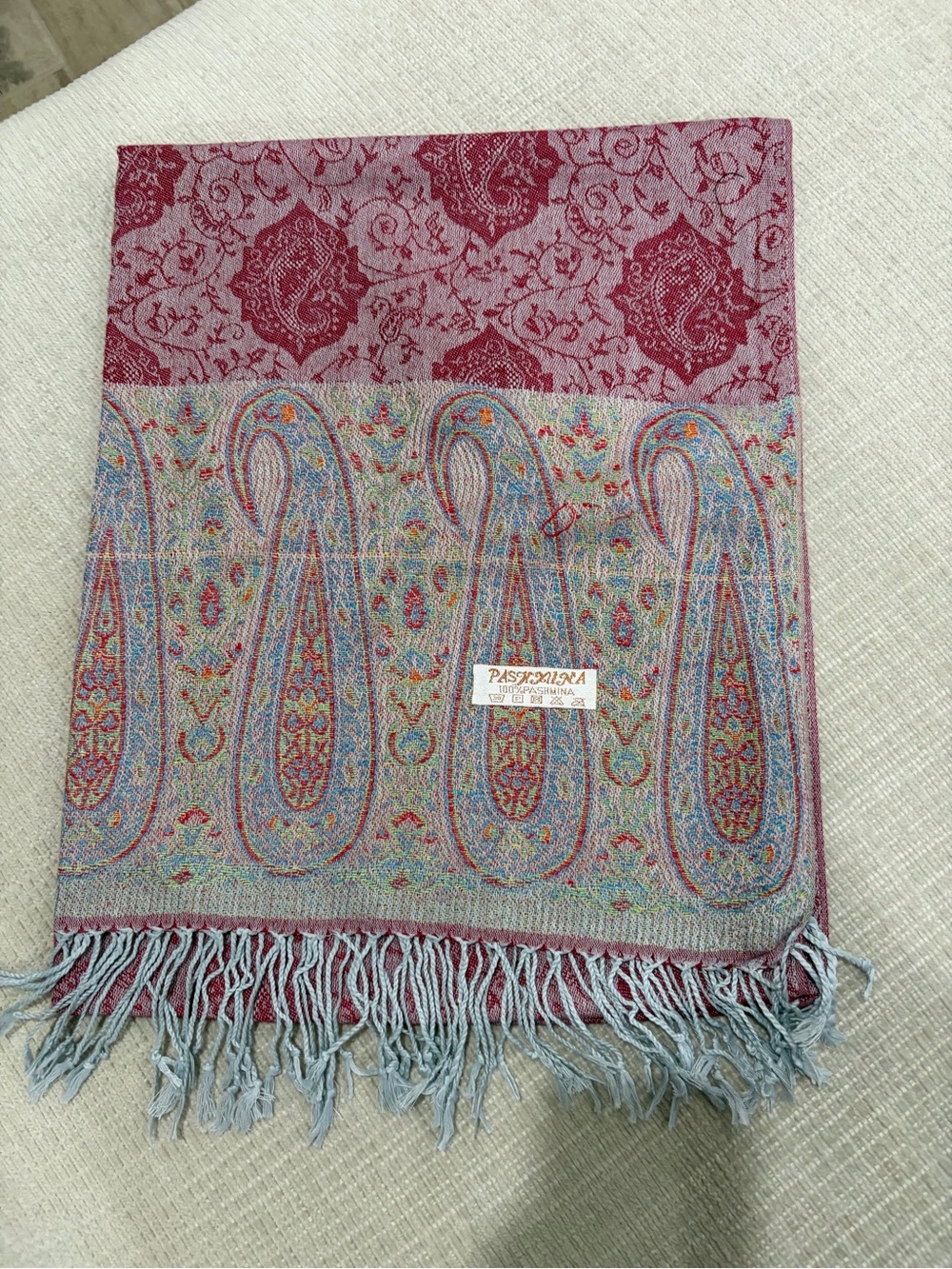 pashmina Paisley Fringe Scarf - Rose and Light Blue Multi